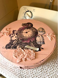 Unique pink Alice in  Wonderland wood  hatbox