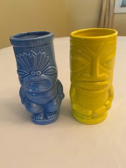 Barconic Tiki Mugs Drinkware Ceramic Yellow Blue Novelty Party Mugs Set of 2