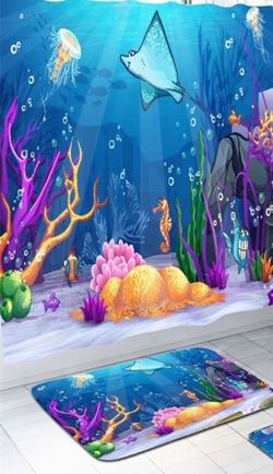 🚿🐠🐬2 Pc Bat Set waterproof Fabric Shower , silicone Mat 