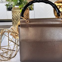 GUCCI Bamboo black top handle bronze leather flap front evening bag
