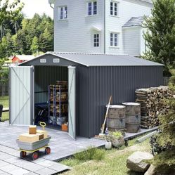 9×11 FT Outdoor Storage Shed: 3 Lockable Door Metal Utility Shed with Galvanized Steel Frame & 4 Ventilation System - Spacious Garden Tool Storage for