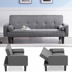 72”Futon Sofa Bed, Modern Convertible Futon Sleeper Couch and 2 Round Pillows, Sofa Beds with 3 Adjustable Backrests, Reversible Loveseat Wood Legs fo