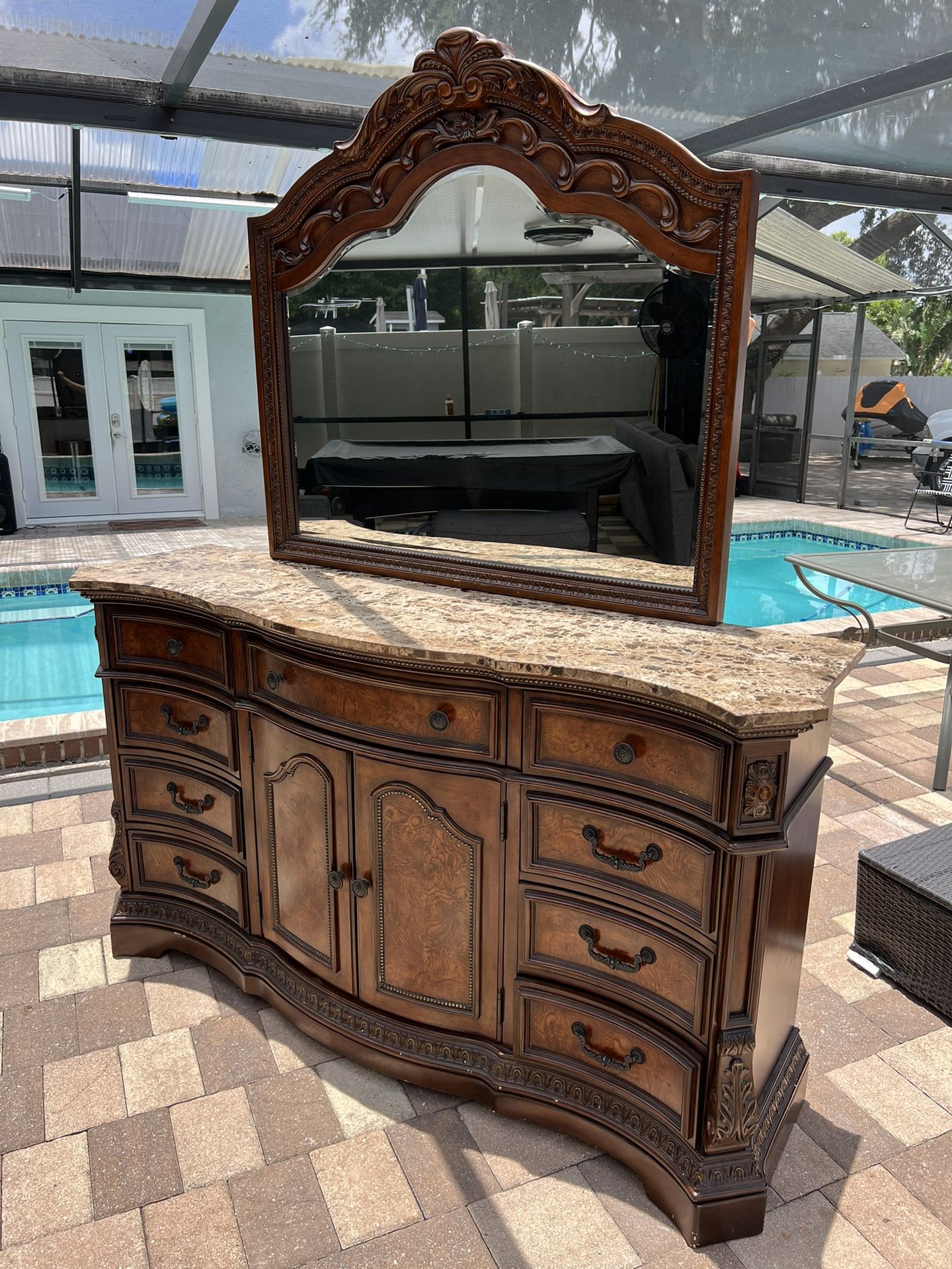 Ledelle Dresser and Mirror. I Can Deliver.Made of veneers, wood, resin and natural marble