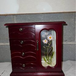 Elegant Cherry Wood Jewelry Box with Floral Glass