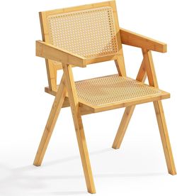 Rattan Chairs, Bamboo Rattan Dining Chair, Solid Wood Comfy Armchairs, Woven Cane Back, Mid Century Modern Armchair, Vintage Decorative Boho Chair for