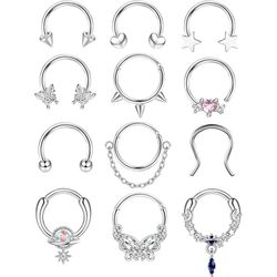 16 Gauge Septum Rings 12 Pc Cubic Zarconia Surgical Grade Stainless Steel 12 Mm