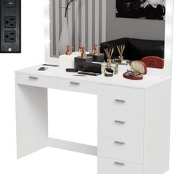 GentProd Vanity Desk with Mirror and Lights | Makeup Desk with 7 Drawers of Storage | Includes Charging Station with 2 Outlets & 2 USB Ports | Custom 