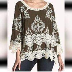 Democracy Crochet Lace Embroidered Bell Sleeve Blouse Tunic Olive Green Size L