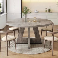 LITTLE TREE Round Dining Table for 4-6 People, 47 Inches Dining Room Table with Wooden Pedestal Base, Grey Dinner Tables, Circle Kitchen Tables for Di
