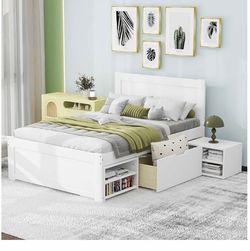 Twin White Wood Platform Bed Frame with Storage Drawers and mattress included