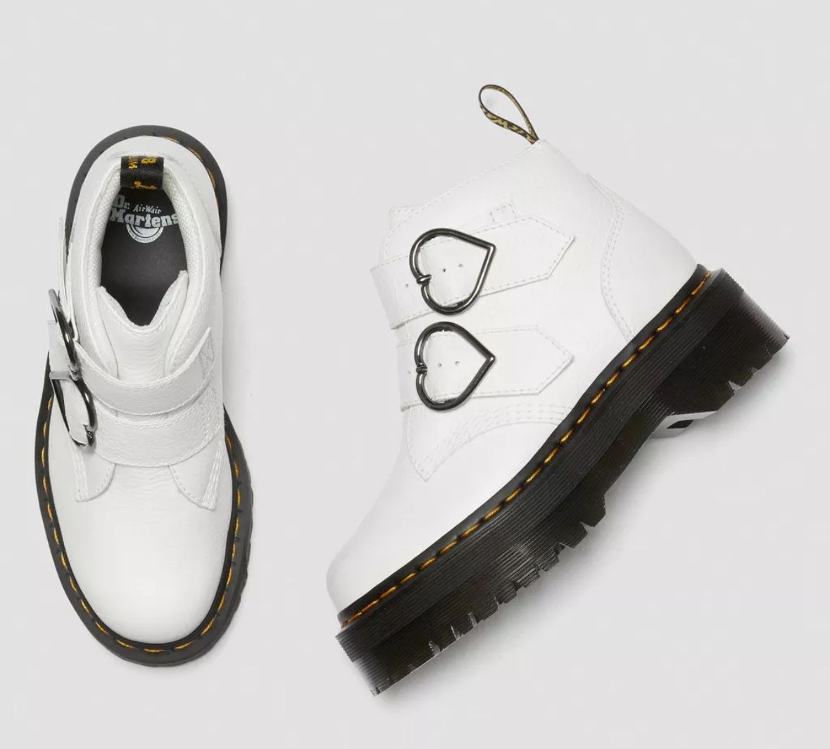 Dr. Martens Women's Devon Hearts White Leather PLATFORM Boots US 5 Buckle SlipOn Preowned. Worn once. IN NEAR PERFECT CONDITION and VERY clean. Adjus