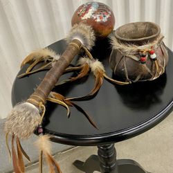 Vintage genuine Native American ceremonial rattle w/ clay offering pot