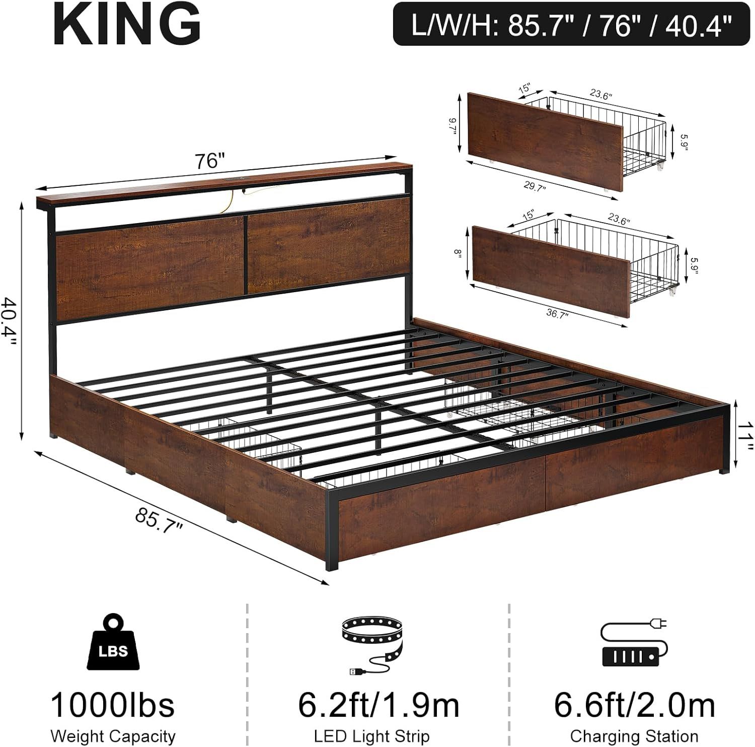 King Bed Frame with Storage Headboard and 4 Drawers Charging Station LED Lights No Box Spring Needed
