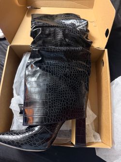 Black Croc-Embossed Knee-High Heeled Boots