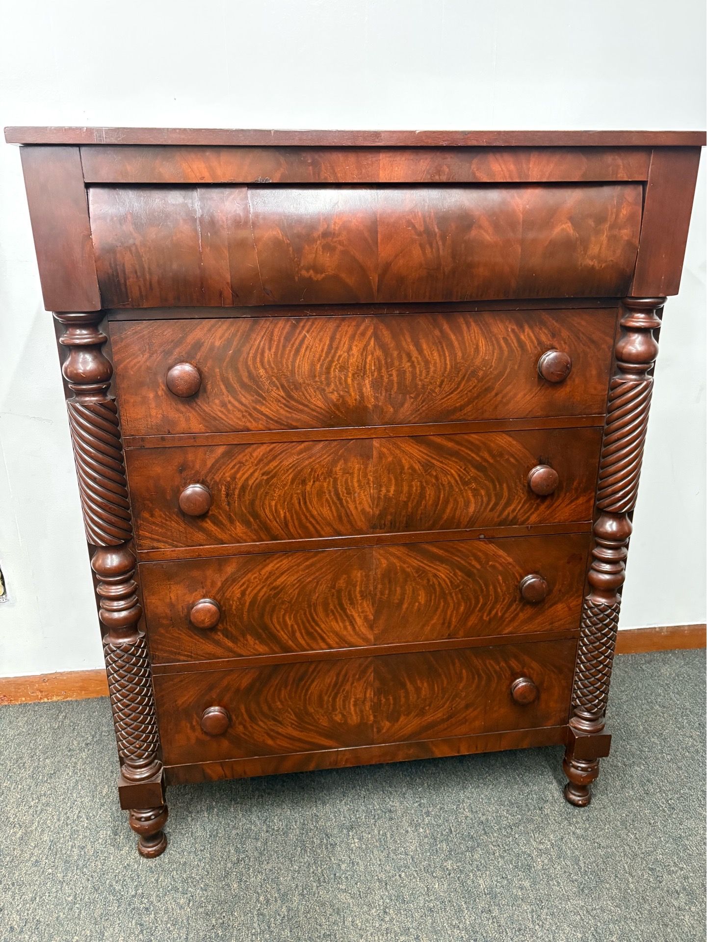 Vintage Drexel Mahogany Chest – Figured Wood Fronts – 38” Wide