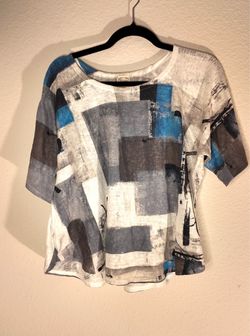 Abstract Geometric Color Block Art To Wear Top Short Sleeve Blue Gray Women's M