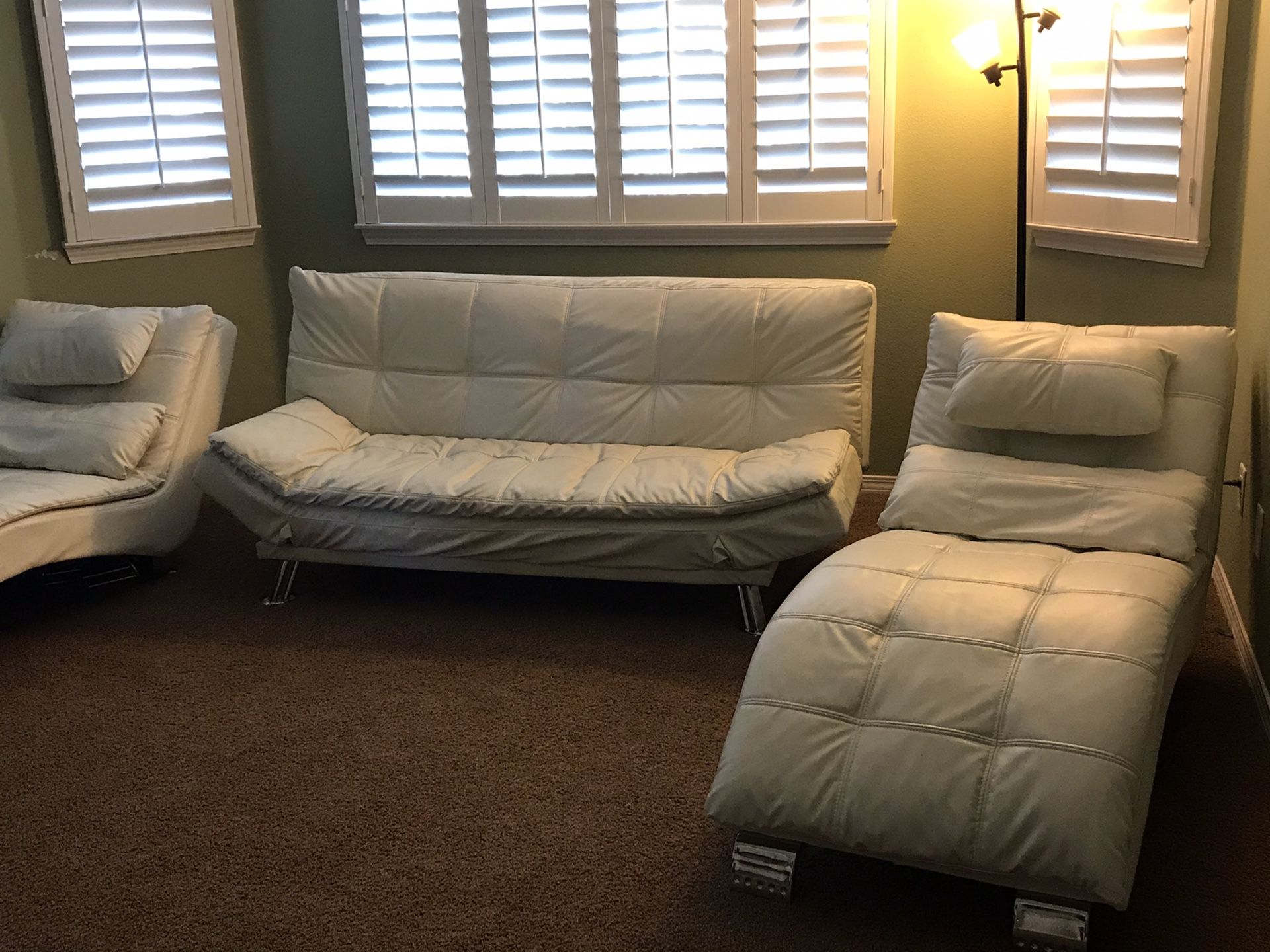 Leather futon sofa, table and chairs set