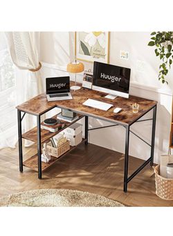 Rustic L-Shaped Corner Computer Desk with 2 Storage Shelves – Space Saving Home Office Workstation (39.4” x 31.5”)