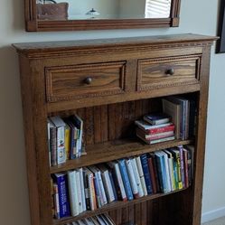 ANTIQUE OAK BOOKCASE AND BEVELED MIRROR 