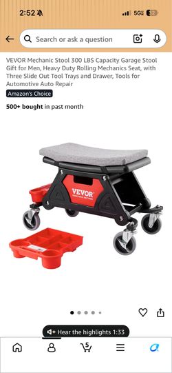 VEVOR Mechanic Stool 300 LBS Capacity Garage Stool Gift for Men, Heavy Duty Rolling Mechanics Seat, with Three Slide Out Tool Trays and Drawer, Tools 