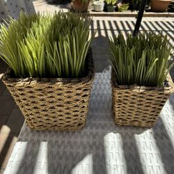 Set Of Two Woven Planters With Artificial Grasss