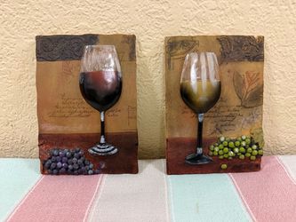 Vintage Wine Glass and Grapes Relief Wall Plaques Set of 2 4.5” x 6.25”