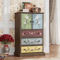 Homfa Boho Storage Cabinet – 3 Drawer + 2 Door Chest, Floral Design