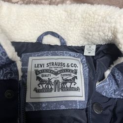 New Blue Levi's Men's Mixed Media Quilted Puffer Jacket with Sherpa Lined Collar (Size Medium)