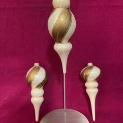 Vintage White Pearl and gold glitter swirl glass finial Christmas ornament Krebs Germany