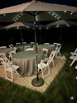 Umbrellas tables and chairs