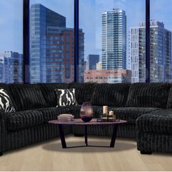 Stunning Black Sectional With Corduroy Fabric 