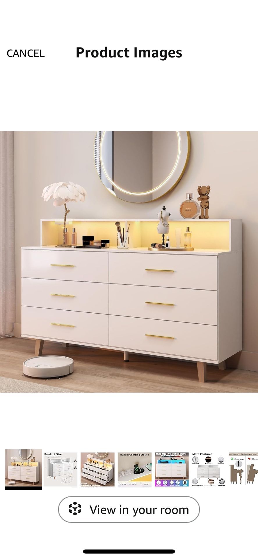 6 Drawer White Wood Dresser With LED lights