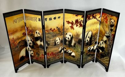 Chinese Panda 6-Panel Folding Tabletop Screen – Double-Sided Decorative Art