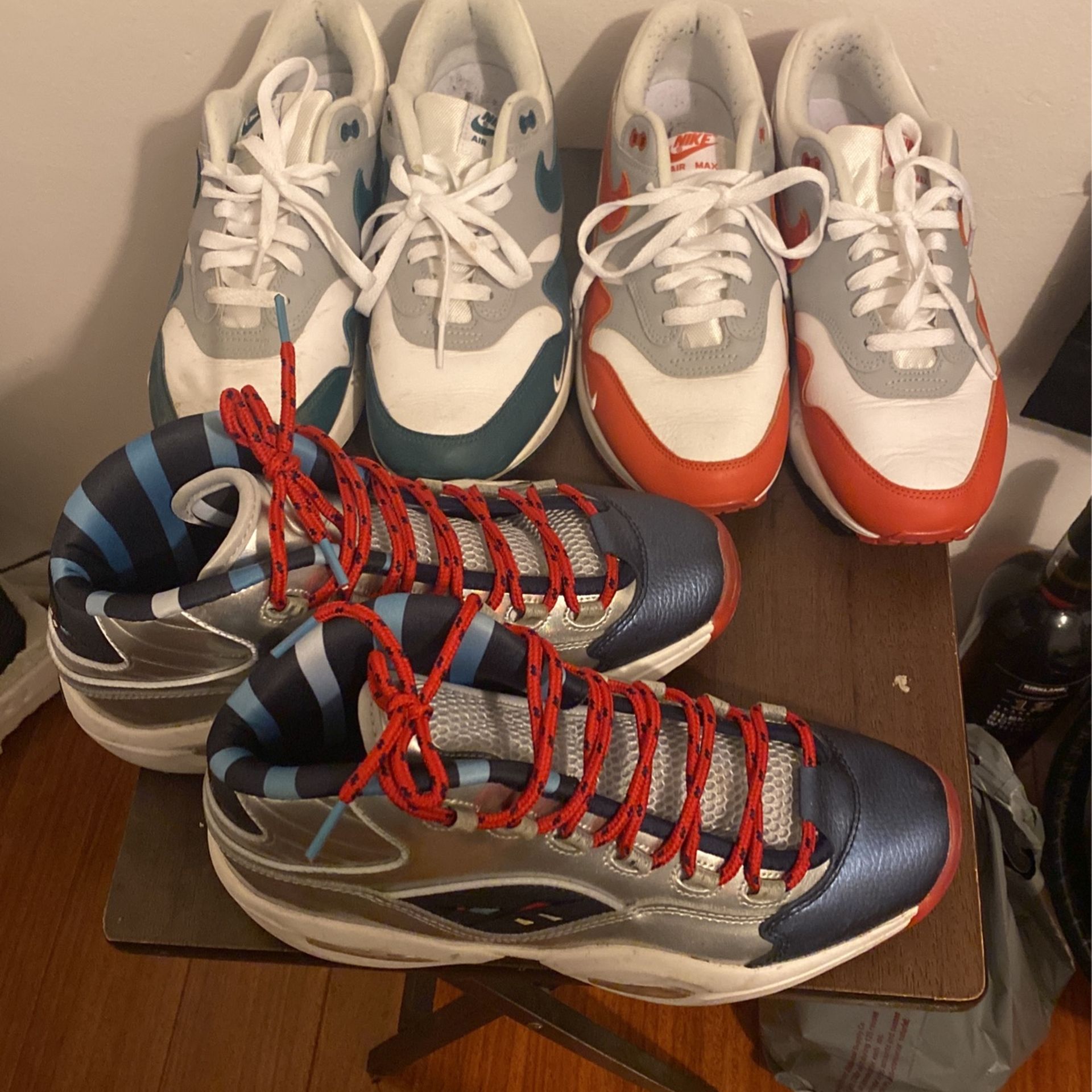 Nike Air Max 1’s Matted Red And Teal. Reebok Question Mid