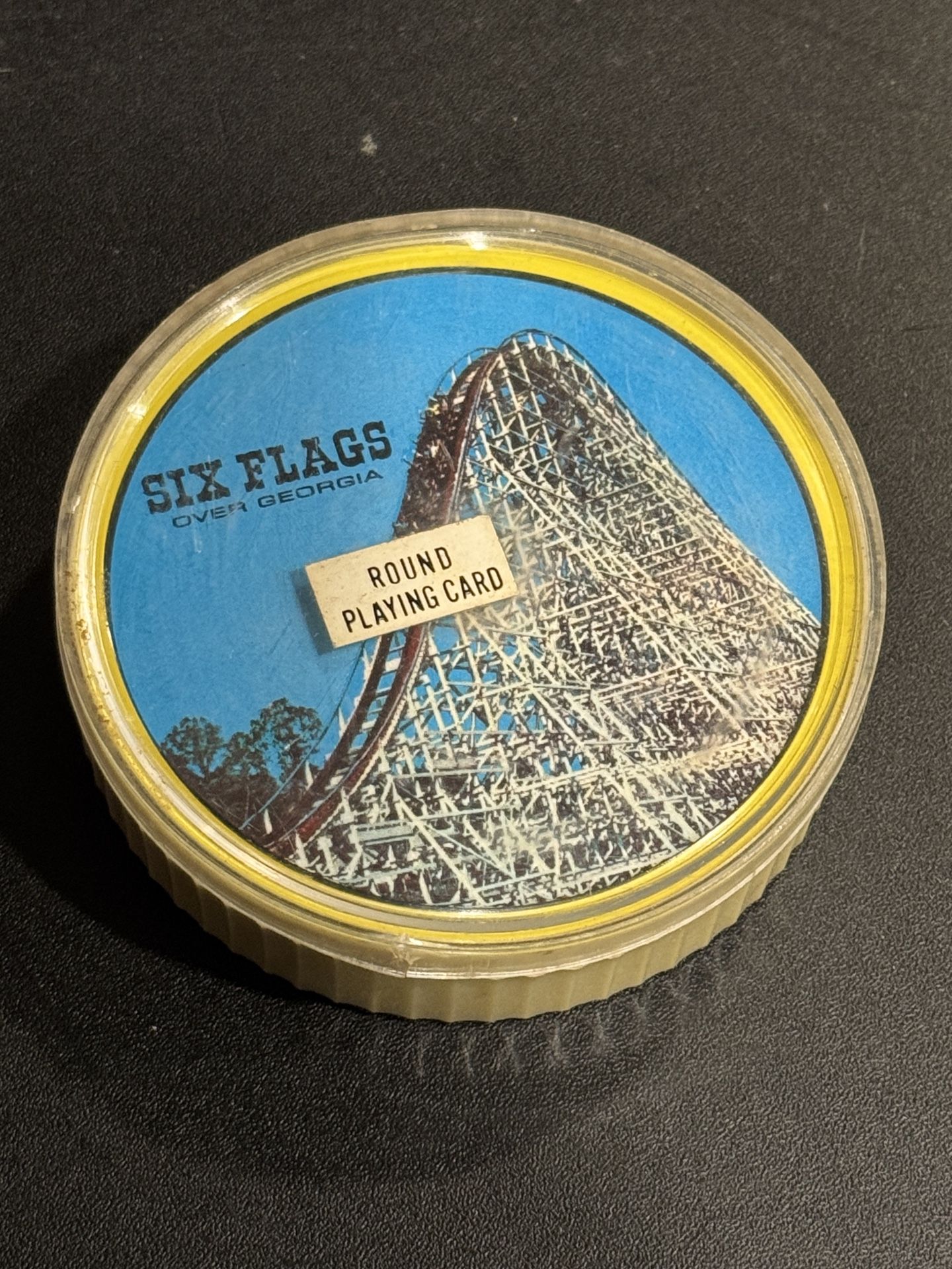 Six Flags Round Playing Cards Them Park Vintage Deck Souvenir. 3” diameter
