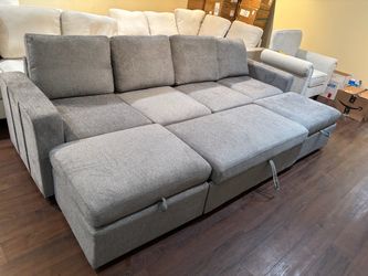 Grey Chenille pull-out bed with storage Ottoman