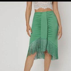 Green Fringe Hem Ruched Skirt