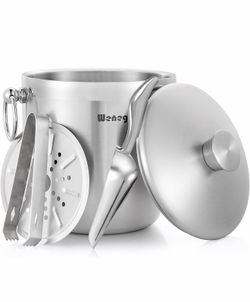Ice Bucket with Lid, Scoop, Tongs and Strainer - Well Made Insulated Stainless Steel Keep Ice Frozen Longer - Ideal for Cocktail Bar, Parties, Chillin
