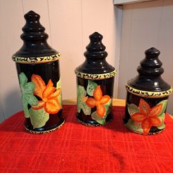 Set of 3 Gates Ware Black Ceramic Canisters With Floral Pattern
