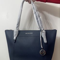 Michael Kors Ciara Large East West Top Zip Tote Navy Blue Saffiano