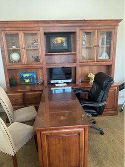 Large Wooden Executive Desk with Hutch and Glass Top Return