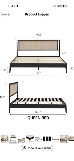 Ruby Wooden Bed Frame with Headboard and Natural Rattan, Solid Oak Foundation with Silent Slats, 1000 Lb Capacity, Effortless Assembly, Queen - Burnt 