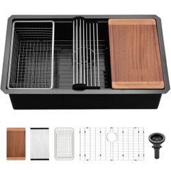 28 Inch Black Undermount Kitchen Sink Workstation-VASOYO 28x19 Black Stainless Steel Kitchen Sink Undermount Workstation Sinks 16 Gauge 304 St=501
