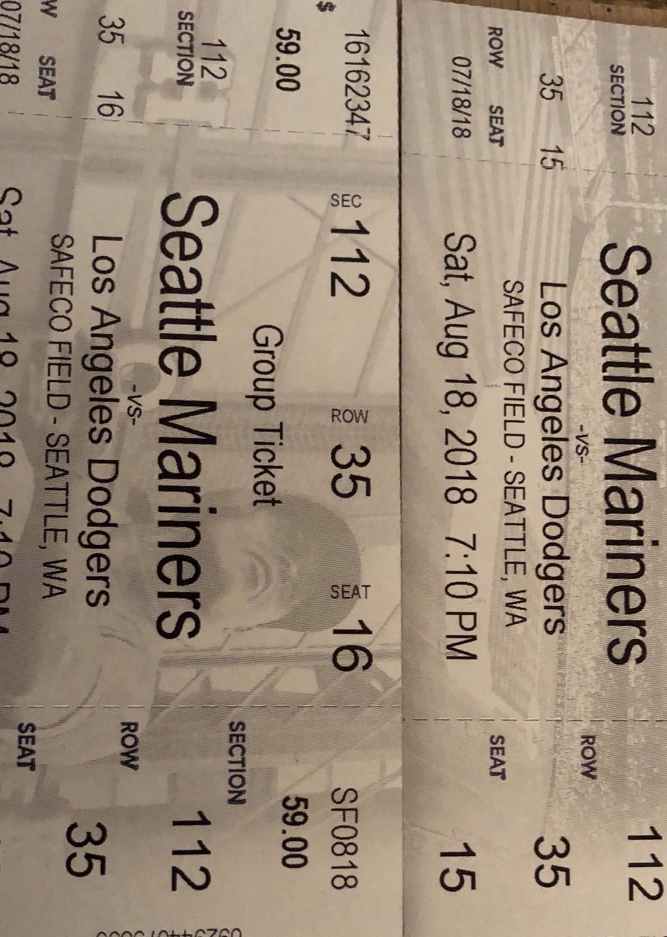 Mariners vs Dodgers. Saturday 8/18 7:10 pm 2 tickets