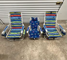 Set of 3 Reclining Beach Chairs – 4 Positions + Storage Pockets