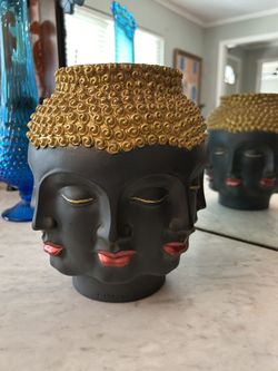 Vintage Mid Century Modern Art Deco TMS 2006 Gilt Buddha Perpetual Faces Vase. 