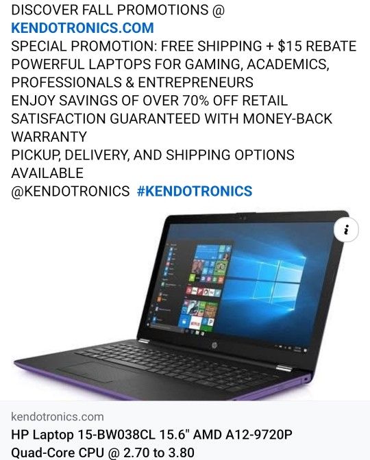 HP Laptop 15-BW038CL 15.6" AMD A12-9720P Quad-Core CPU @ 2.70 to 3.80 GHz, AMD Radeon R7 Graphics (12GB RAM, 256GB SSD) CD DVD, Windows 11 Pro - Purpl