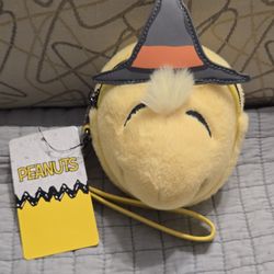 Peanuts Woodstock Coin Purse Plush Figural with Strap Wearing a Witch Hat