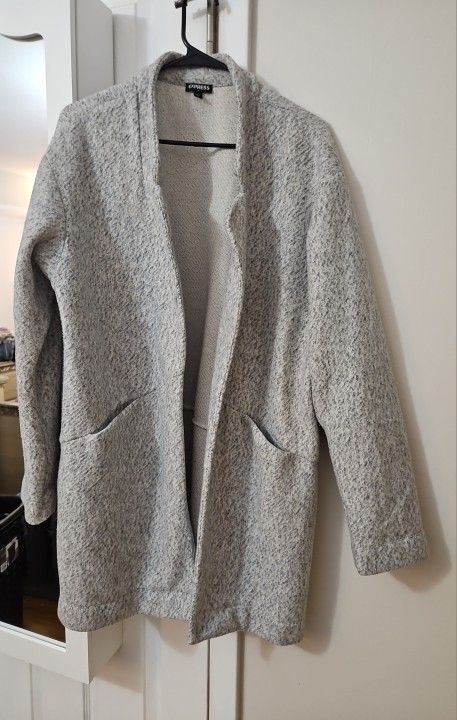 Express Womens Duster Jacket Cardigan Sz L Gray & White