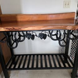 Handcrafted Live-Edge Cedar Bar with Steel Legs & Horseshoe Wine Rack